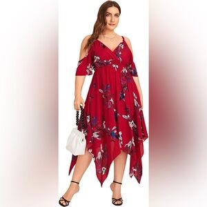 Red Asymmetrical Sundress with Cold Shoulder and Wrap V-Neck Sz 2XL
